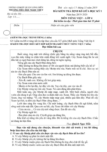 Đề kiểm tra định kì giữa học kì I môn Tiếng Việt Lớp 4 - Năm học 2019-2020 - Trường TH Ngọc Thụy