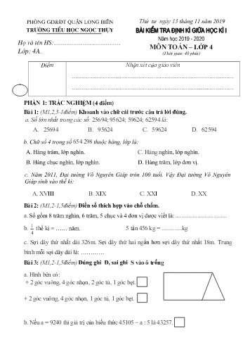 Đề kiểm tra định kì giữa học kì I môn Toán Lớp 4 - Năm học 2019-2020 - Trường TH Ngọc Thụy (Có đáp án)