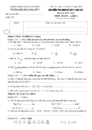 Đề kiểm tra định kì giữa học kì I môn Toán Lớp 5 - Năm học 2019-2020 - Trường TH Ngọc Thụy