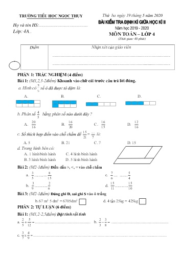 Đề kiểm tra định kì giữa học kì II môn Toán Lớp 4 - Năm học 2019-2020 - Trường TH Ngọc Thụy (Có đáp án)