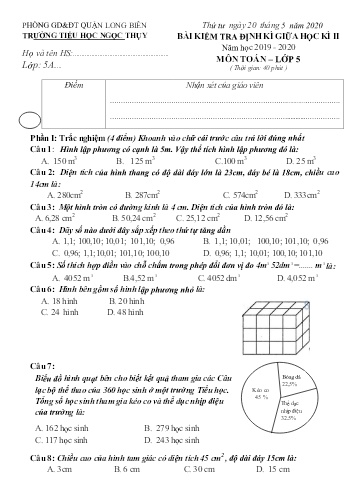 Đề kiểm tra định kì giữa học kì II môn Toán Lớp 5 - Năm học 2019-2020 - Trường TH Ngọc Thụy