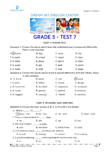 Đề kiểm tra môn Tiếng Anh Lớp 5 (Dream Sky English Center) - Đề số 7 (Kèm đáp án)
