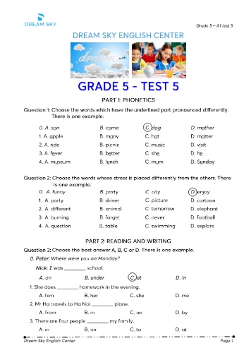 Đề kiểm tra môn Tiếng Anh Lớp 5 (Dream Sky English Center) - Đề số 5 (Kèm đáp án)
