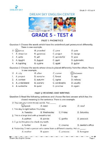 Đề kiểm tra môn Tiếng Anh Lớp 5 (Dream Sky English Center) - Đề số 4 (Kèm đáp án)