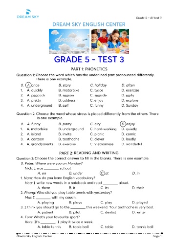 Đề kiểm tra môn Tiếng Anh Lớp 5 (Dream Sky English Center) - Đề số 3 (Kèm đáp án)