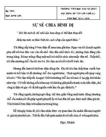 Đề ôn tập môn Tiếng Việt Lớp 4 - Đề số 1 - Năm học 2019-2020 - Trường TH Cao Bá Quát (Có đáp án)