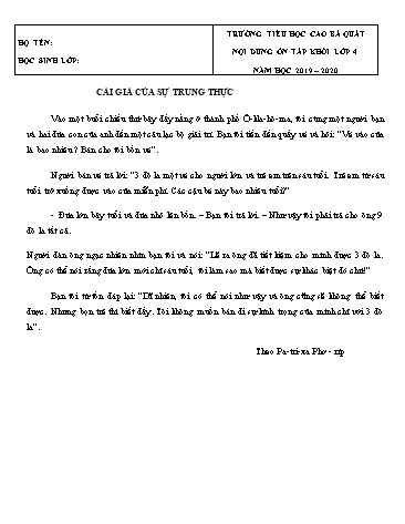 Đề ôn tập môn Tiếng Việt Lớp 4 - Đề số 2 - Năm học 2019-2020 - Trường TH Cao Bá Quát (Có đáp án)
