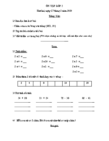 Đề ôn tập môn Toán và Tiếng Việt Lớp 2 - Trường TH Cao Bá Quát