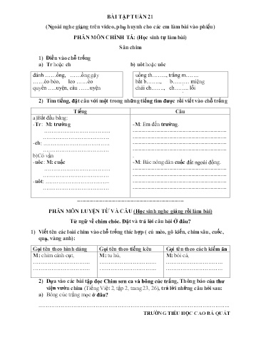 Phiếu bài tập môn Toán và Tiếng Việt Lớp 2 - Tuần 21 - Trường TH Cao Bá Quát