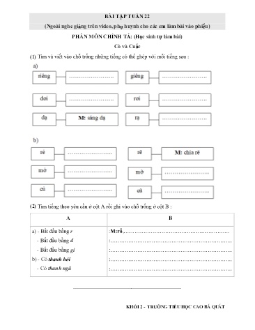 Phiếu bài tập môn Toán và Tiếng Việt Lớp 2 - Tuần 22 - Trường TH Cao Bá Quát