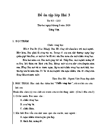 Phiếu ôn tập môn Tiếng Việt và Toán Lớp 2 - Phiếu số 1 - Năm học 2019-2020 - Trường TH Cao Bá Quát