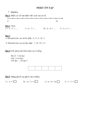 Phiếu ôn tập môn Toán Lớp 1 - Phiếu số 1 - Trường TH Cao Bá Quát