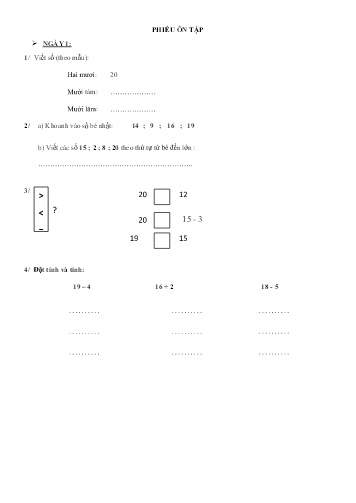 Phiếu ôn tập môn Toán Lớp 1 - Phiếu số 2 - Trường TH Cao Bá Quát