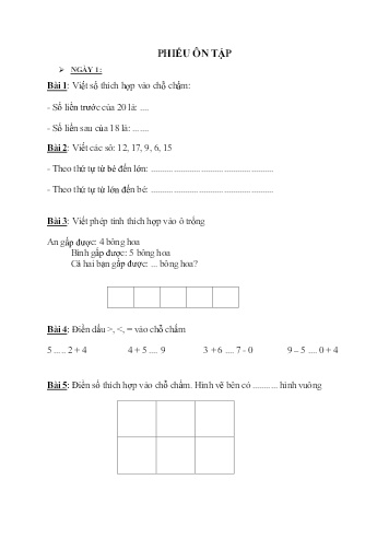 Phiếu ôn tập môn Toán Lớp 1 - Phiếu số 3 - Trường TH Cao Bá Quát