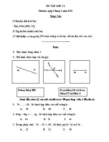 Phiếu ôn tập môn Toán và Tiếng Việt Lớp 2 - Phiếu số 1 - Năm học 2019-2020 - Trường TH Cao Bá Quát