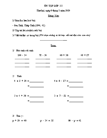 Phiếu ôn tập môn Toán và Tiếng Việt Lớp 2 - Phiếu số 10 - Năm học 2019-2020 - Trường TH Cao Bá Quát
