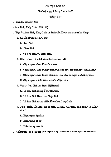 Phiếu ôn tập môn Toán và Tiếng Việt Lớp 2 - Phiếu số 11 - Năm học 2019-2020 - Trường TH Cao Bá Quát