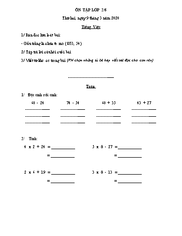 Phiếu ôn tập môn Toán và Tiếng Việt Lớp 2 - Phiếu số 12 - Năm học 2019-2020 - Trường TH Cao Bá Quát