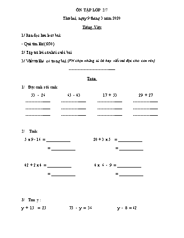 Phiếu ôn tập môn Toán và Tiếng Việt Lớp 2 - Phiếu số 13 - Năm học 2019-2020 - Trường TH Cao Bá Quát