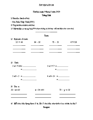 Phiếu ôn tập môn Toán và Tiếng Việt Lớp 2 - Phiếu số 14 - Năm học 2019-2020 - Trường TH Cao Bá Quát