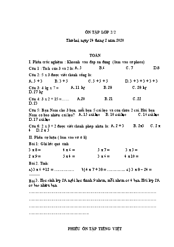 Phiếu ôn tập môn Toán và Tiếng Việt Lớp 2 - Phiếu số 15 - Năm học 2019-2020 - Trường TH Cao Bá Quát