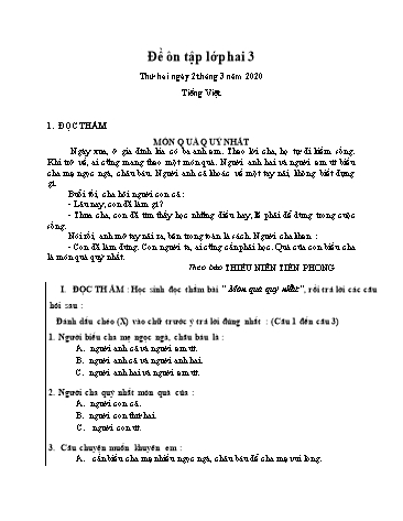 Phiếu ôn tập môn Toán và Tiếng Việt Lớp 2 - Phiếu số 16 - Năm học 2019-2020 - Trường TH Cao Bá Quát