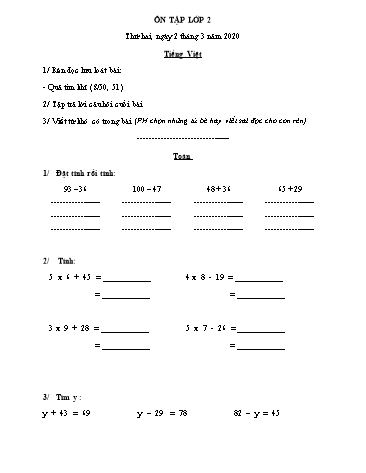 Phiếu ôn tập môn Toán và Tiếng Việt Lớp 2 - Phiếu số 2 - Năm học 2019-2020 - Trường TH Cao Bá Quát