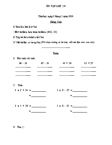 Phiếu ôn tập môn Toán và Tiếng Việt Lớp 2 - Phiếu số 3 - Năm học 2019-2020 - Trường TH Cao Bá Quát