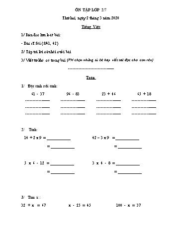 Phiếu ôn tập môn Toán và Tiếng Việt Lớp 2 - Phiếu số 4 - Năm học 2019-2020 - Trường TH Cao Bá Quát