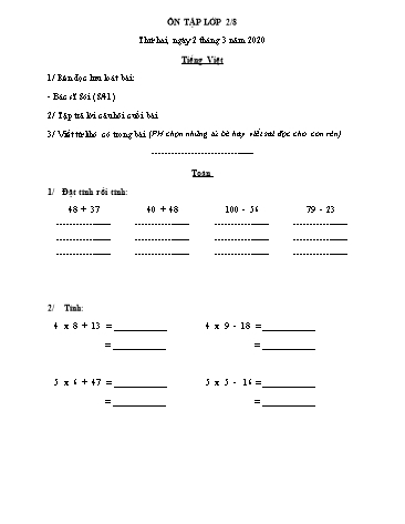 Phiếu ôn tập môn Toán và Tiếng Việt Lớp 2 - Phiếu số 5 - Năm học 2019-2020 - Trường TH Cao Bá Quát