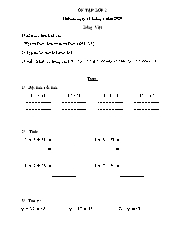 Phiếu ôn tập môn Toán và Tiếng Việt Lớp 2 - Phiếu số 6 - Năm học 2019-2020 - Trường TH Cao Bá Quát