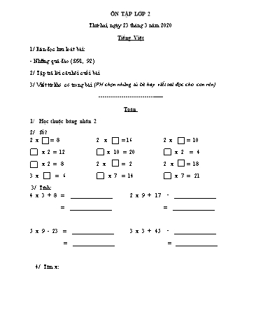 Phiếu ôn tập môn Toán và Tiếng Việt Lớp 2 - Phiếu số 7 - Năm học 2019-2020 - Trường TH Cao Bá Quát