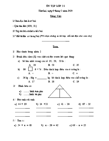 Phiếu ôn tập môn Toán và Tiếng Việt Lớp 2 - Phiếu số 9 - Năm học 2019-2020 - Trường TH Cao Bá Quát