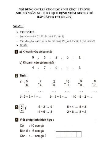 Phiếu ôn tập nghỉ dịch Covid-19 môn Toán và Tiếng Việt Lớp 1 - Phần 2 - Trường TH Cao Bá Quát
