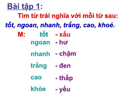 Bài giảng Luyện từ và câu Lớp 2 - Tuần 16: Từ chỉ trái nghĩa. Câu kiểu "Ai thế nào?"