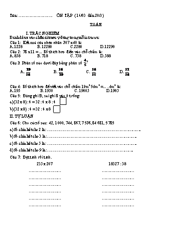 Bài ôn tập môn Toán Lớp 4 - Phần 2 - Trường TH Cao Bá Quát
