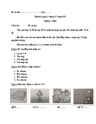 Bài ôn tập môn Toán và Tiếng Việt Lớp 2 - Năm học 2019-2020 - Trường TH Chí Linh