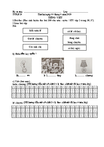 Bài ôn tập môn Toán và Tiếng Việt Lớp 2 - Tuần 24 - Trường TH Chí Linh