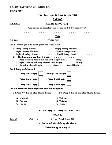 Bài ôn tập môn Toán và Tiếng Việt Lớp 3 - Tuần 22 - Năm học 2019-2020 - Trường TH Chí Linh