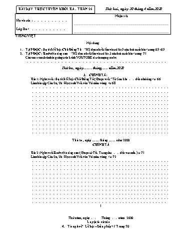 Bài ôn tập môn Toán và Tiếng Việt Lớp 3 - Tuần 26 - Năm học 2019-2020 - Trường TH Chí Linh