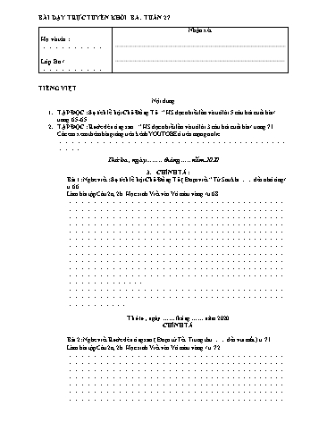 Bài ôn tập môn Toán và Tiếng Việt Lớp 3 - Tuần 27 - Năm học 2019-2020 - Trường TH Chí Linh