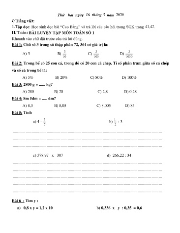 Bài ôn tập môn Toán và Tiếng Việt Lớp 5 - Phần 1 - Năm học 2019-2020 - Trường TH Chí Linh