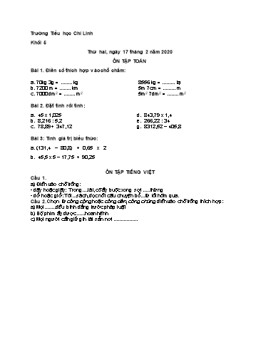 Bài ôn tập môn Toán và Tiếng Việt Lớp 5 - Phần 1 - Trường TH Chí Linh