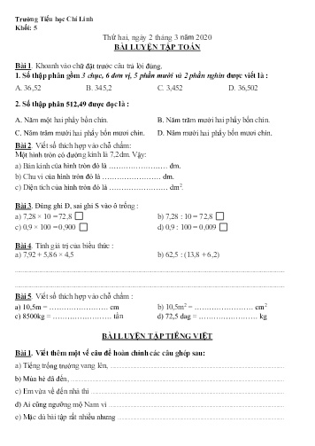 Bài ôn tập môn Toán và Tiếng Việt Lớp 5 - Phần 2 - Năm học 2019-2020 - Trường TH Chí Linh