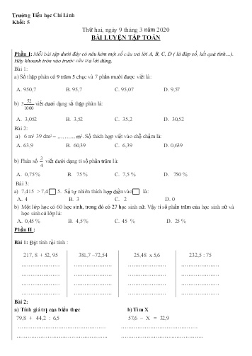 Bài ôn tập môn Toán và Tiếng Việt Lớp 5 - Phần 3 - Năm học 2019-2020 - Trường TH Chí Linh