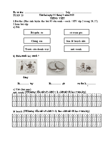 Bài tập môn Toán và Tiếng Việt Lớp 1 - Tuần 23 - Năm học 2019-2020 - Trường TH Chí Linh