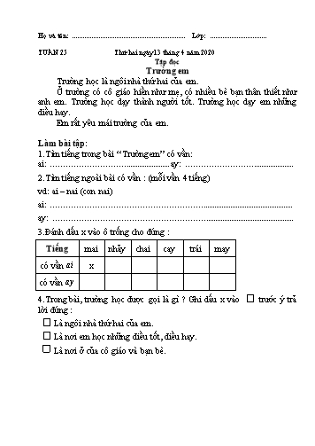 Bài tập môn Toán và Tiếng Việt Lớp 1 - Tuần 25 - Năm học 2019-2020 - Trường TH Chí Linh