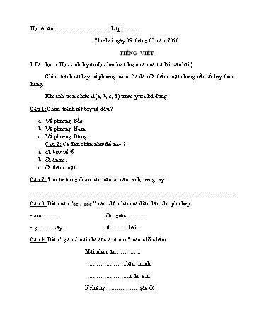 Đề ôn tập môn Toán và Tiếng Việt Lớp 1 - Trường TH Chí Linh