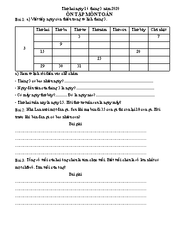 Đề ôn tập môn Toán và Tiếng Việt Lớp 2 - Tuần 26 - Trường TH Chí Linh